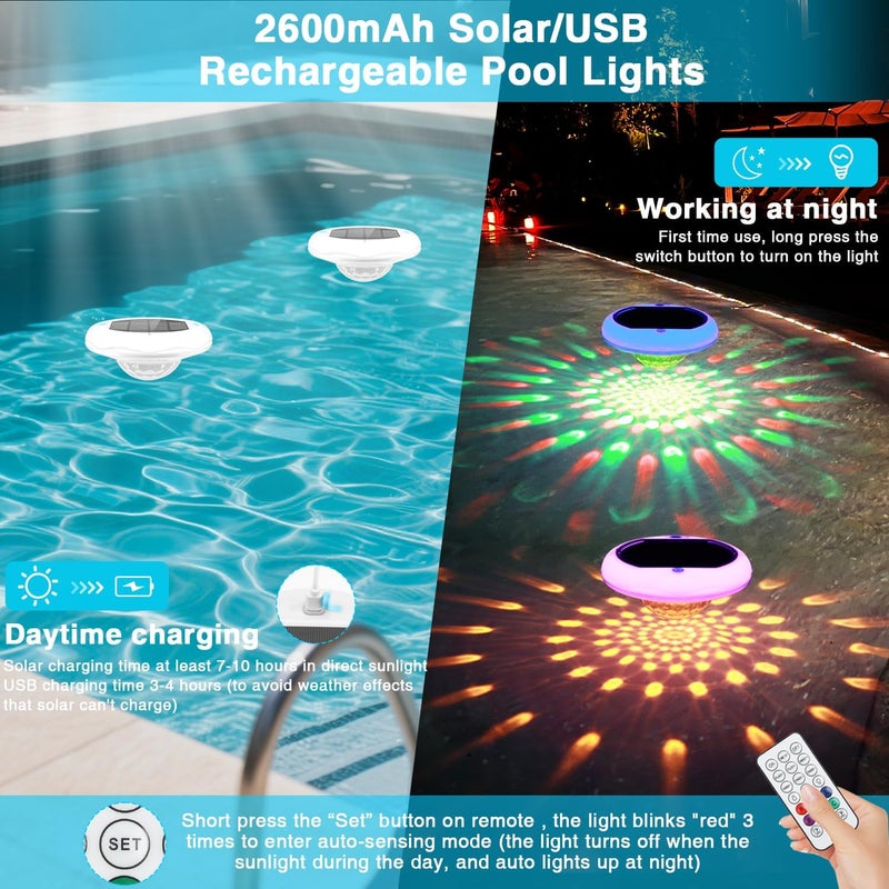 BOXPSII Solar Floating Pool Lights, 2600mAh USB Rechargeable Pool Lights That Float with Remote, 6.7’’ IP68 Waterproof Floating Light, 13 Colors Changing Upper and Lower Glow Hangable Solar Light for 4 PACK - Image 2